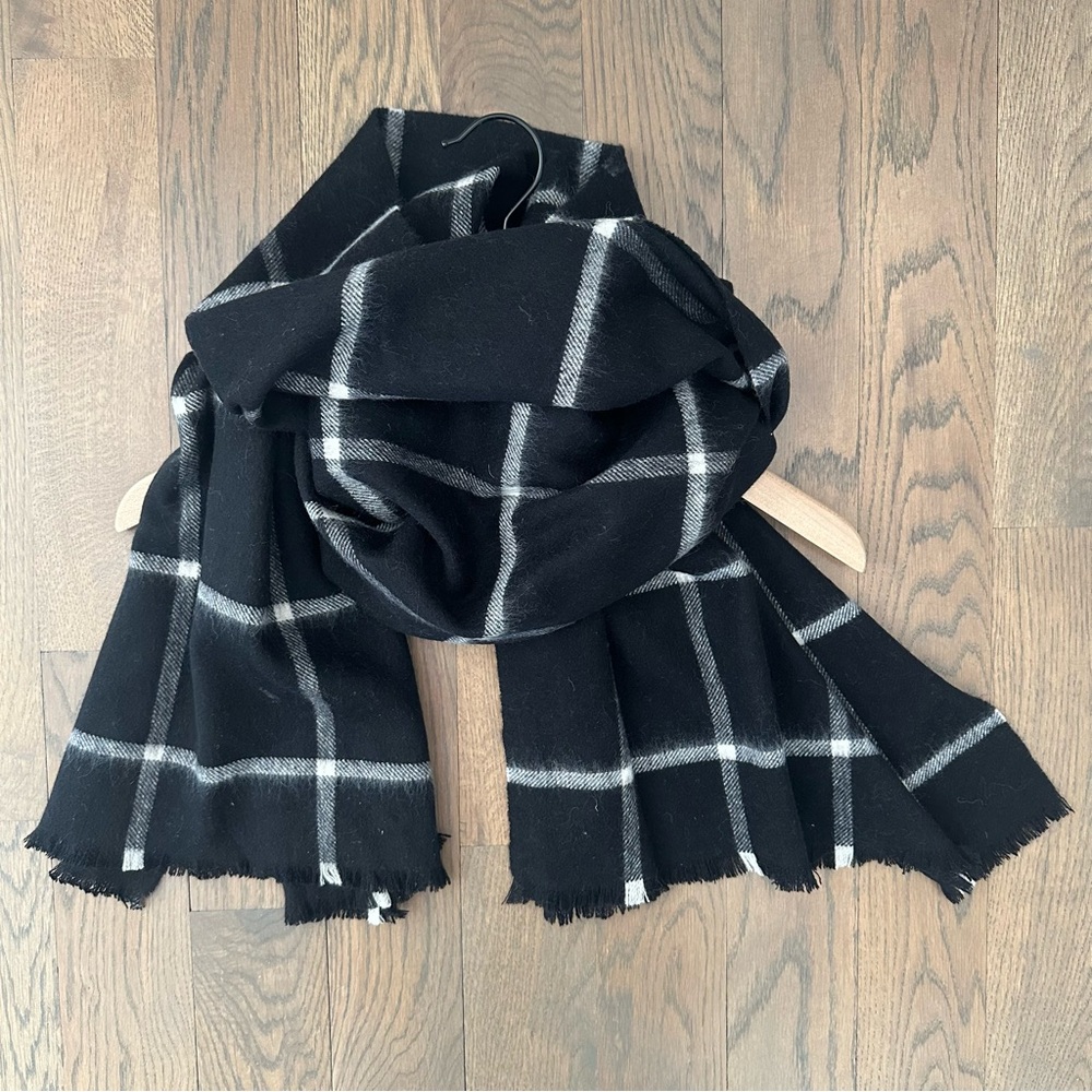 Phenix Oversized Wool Blend Windowpane Plaid Scarf in Black and White 72"l